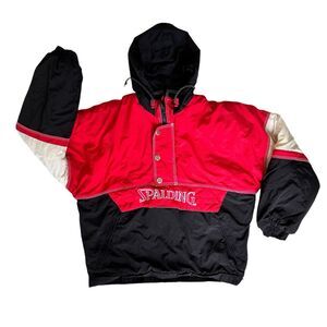 Vtg Spalding Ski Jacket Men's Medium Red White Black Colorblock Winter Hood Coat